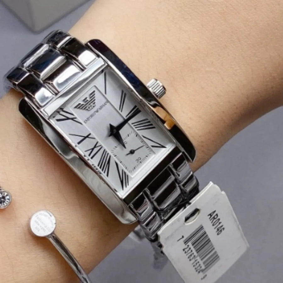 Front view of Emporio Armani AR0146 women’s stainless steel silver watch with white dial and classic design