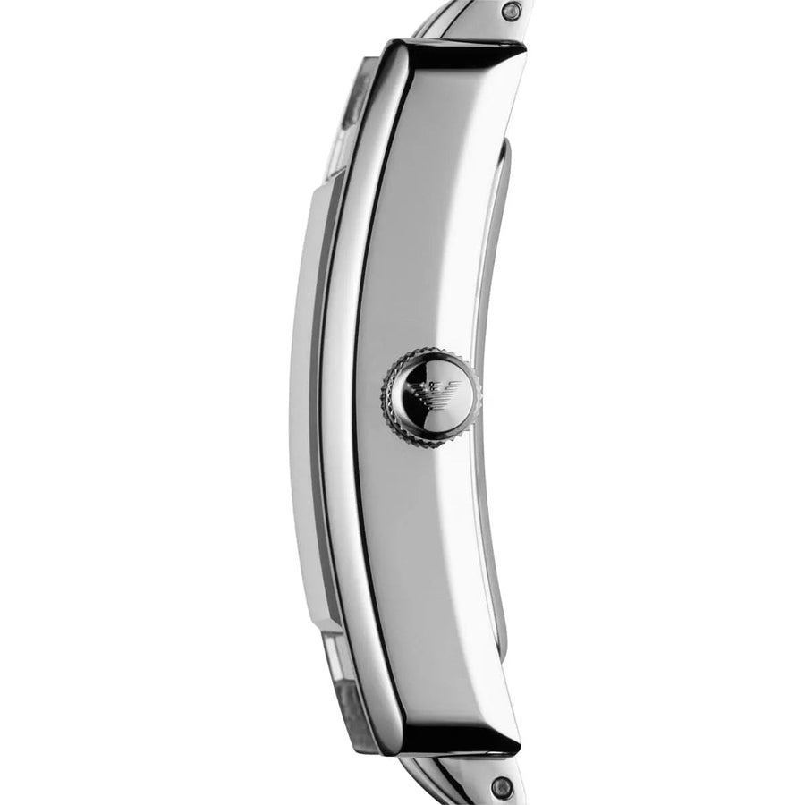 Front view of Emporio Armani AR0146 women’s stainless steel silver watch with white dial and classic design