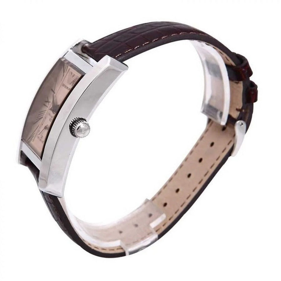 Front view of Emporio Armani AR0155 women’s watch with brown leather strap, beige dial, and silver case