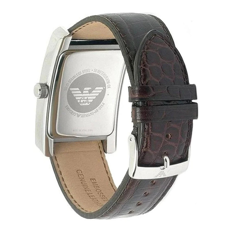 Front view of Emporio Armani AR0155 women’s watch with brown leather strap, beige dial, and silver case