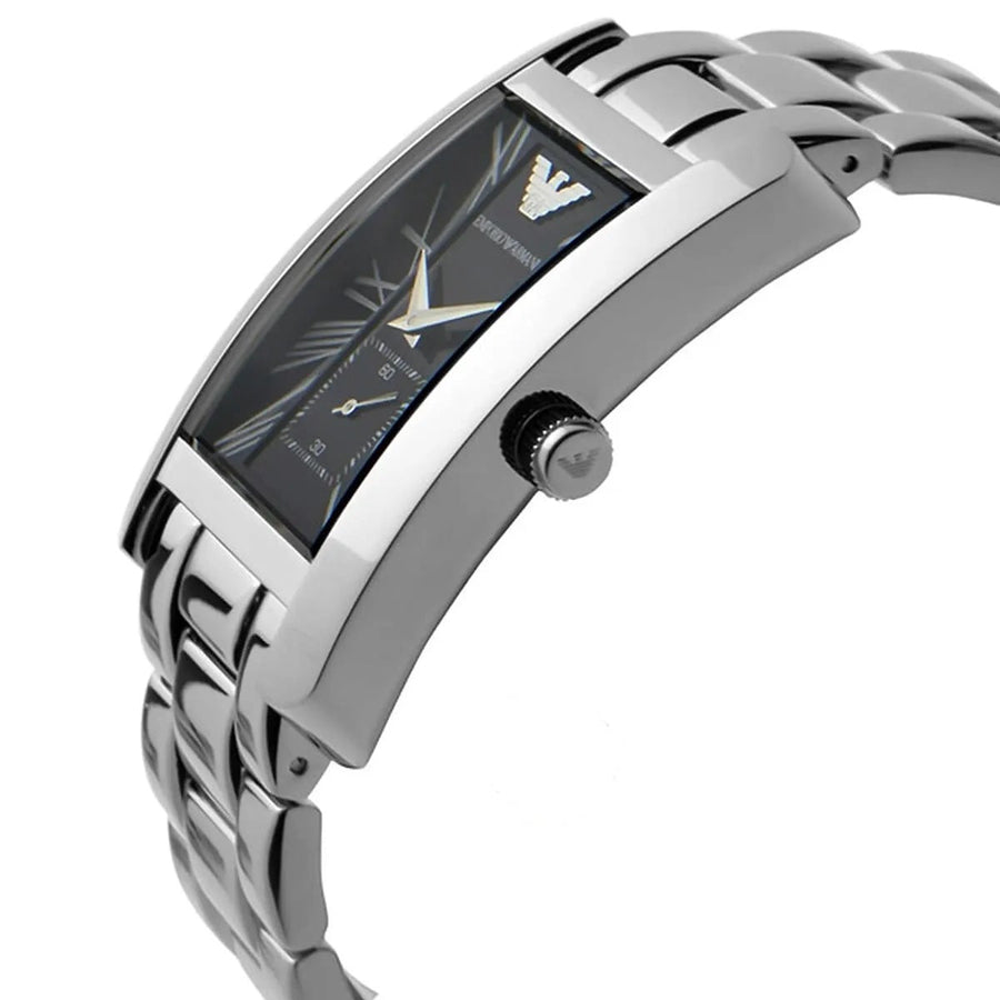Front view of Emporio Armani AR0156 men's rectangular watch with stainless steel silver strap and black dial