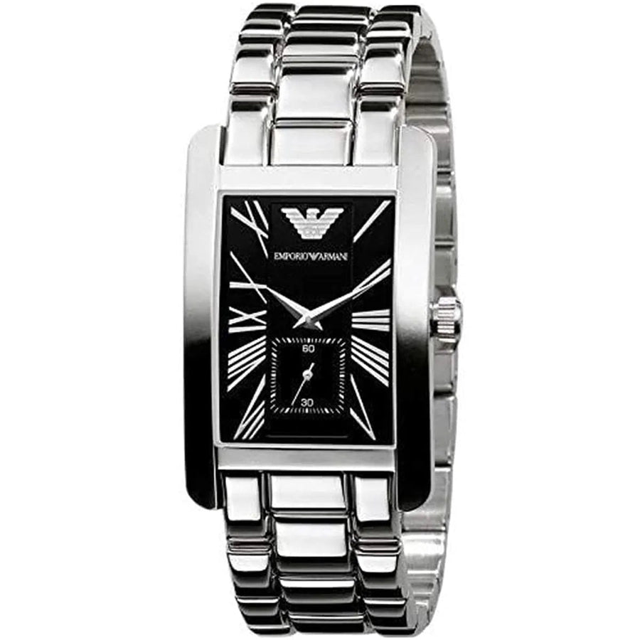 Front view of Emporio Armani AR0156 men's rectangular watch with stainless steel silver strap and black dial