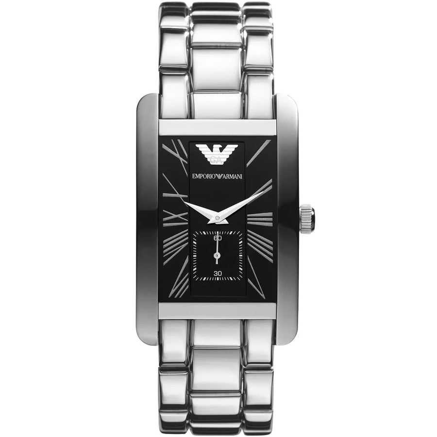 Front view of Emporio Armani AR0156 men's rectangular watch with stainless steel silver strap and black dial