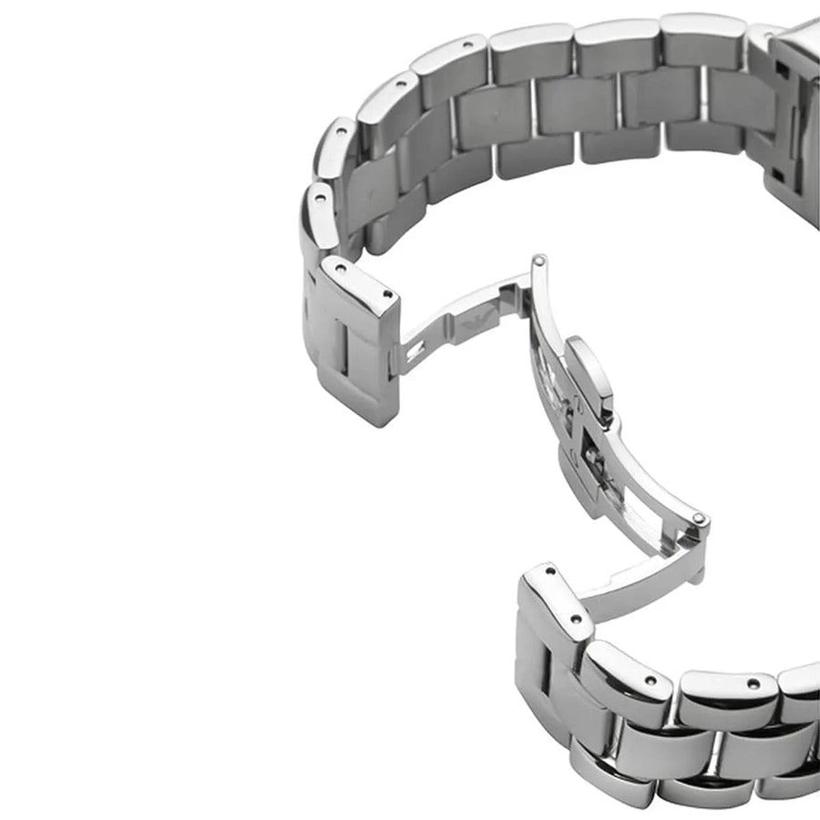 Front view of Emporio Armani AR0156 men's rectangular watch with stainless steel silver strap and black dial