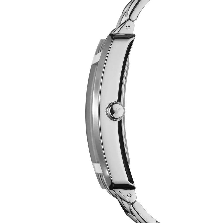 Front view of Emporio Armani AR0156 men's rectangular watch with stainless steel silver strap and black dial