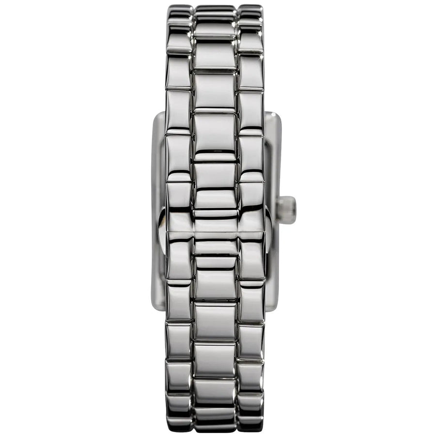 Front view of Emporio Armani AR0157 women's watch with stainless steel silver strap and black dial