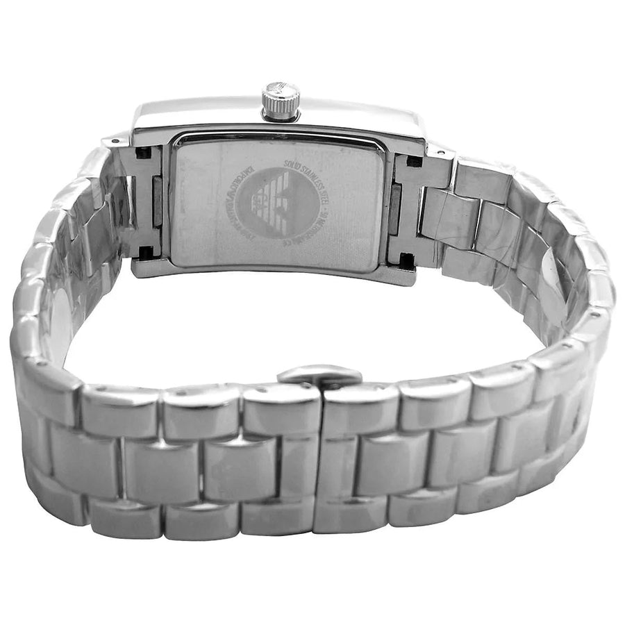 Front view of Emporio Armani AR0157 women's watch with stainless steel silver strap and black dial