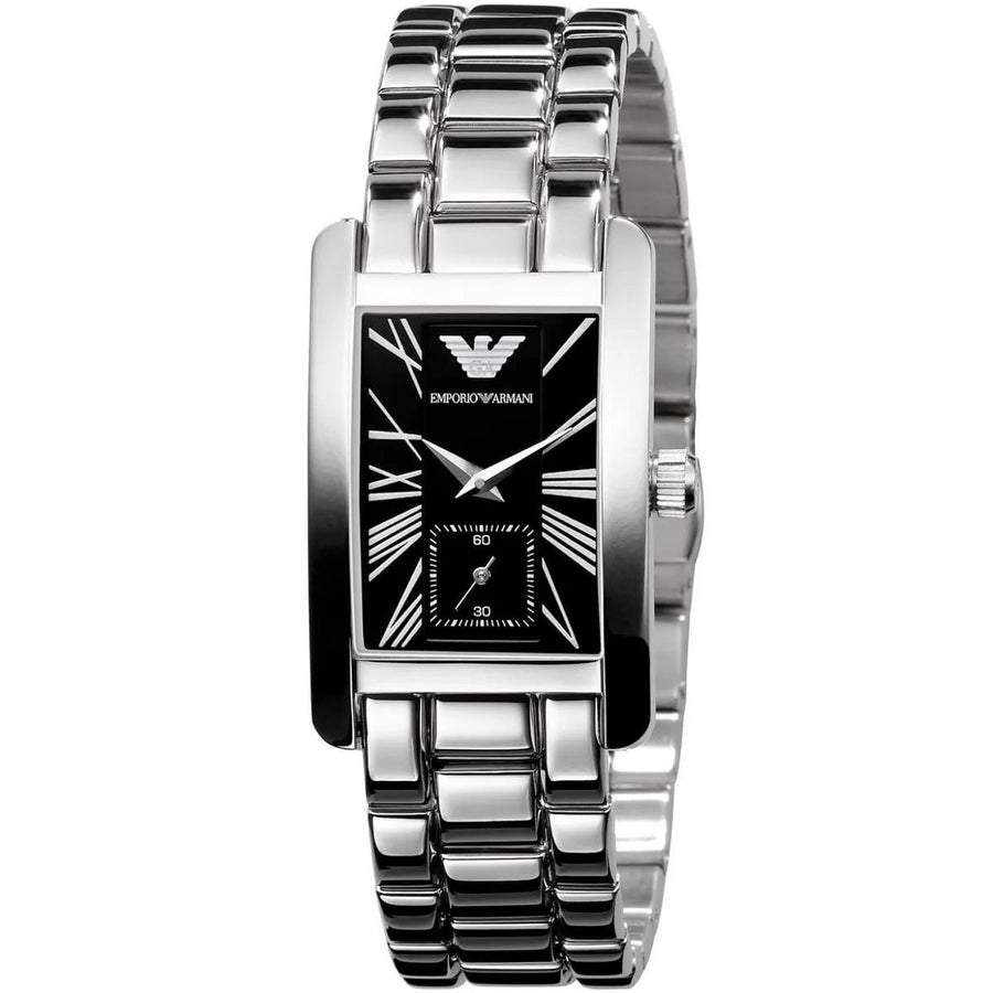 Front view of Emporio Armani AR0157 women's watch with stainless steel silver strap and black dial