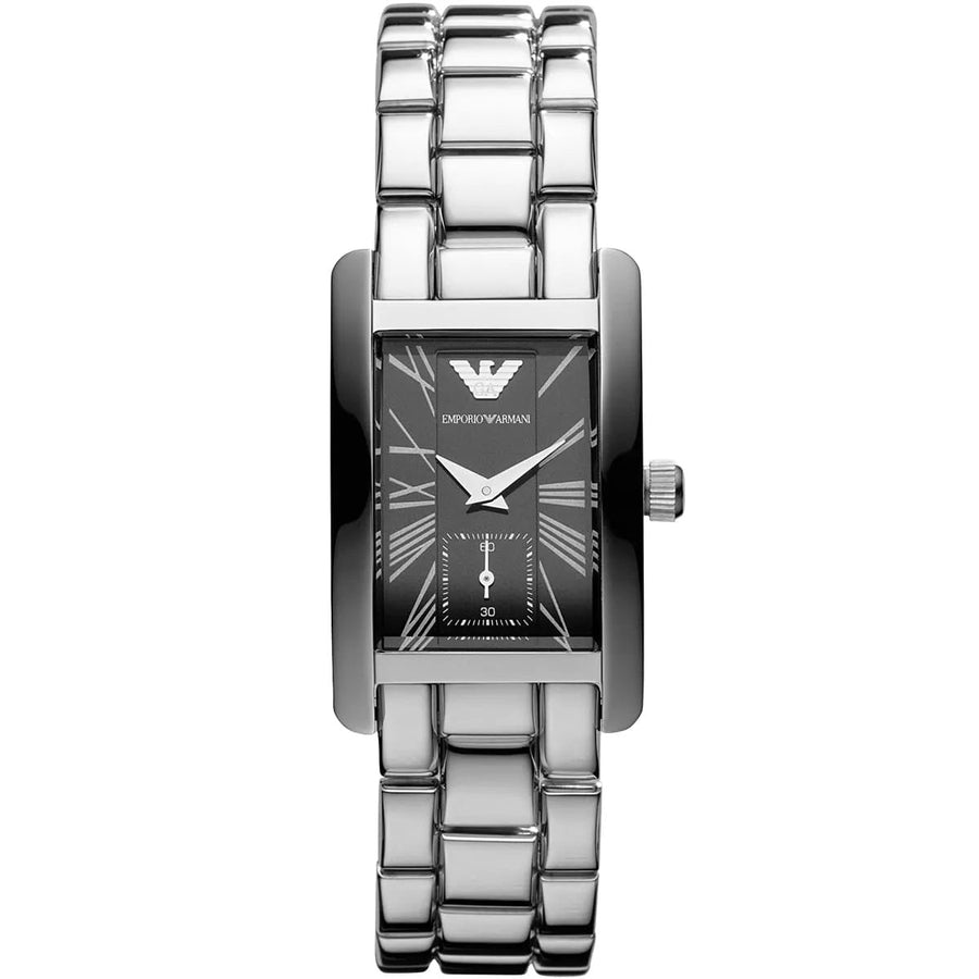 Front view of Emporio Armani AR0157 women's watch with stainless steel silver strap and black dial