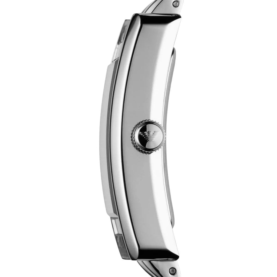 Front view of Emporio Armani AR0157 women's watch with stainless steel silver strap and black dial