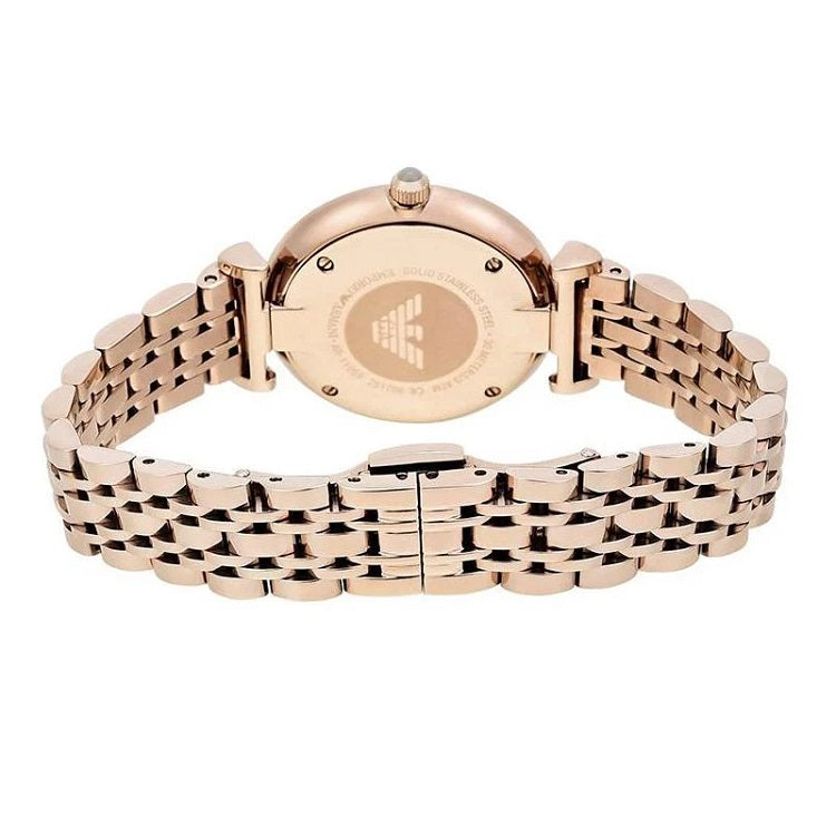 Front view of Emporio Armani AR11059 Gianni T-Bar women’s watch with gold dial and rose gold blush strap
