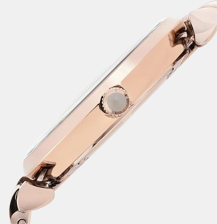 Front view of Emporio Armani AR11059 Gianni T-Bar women’s watch with gold dial and rose gold blush strap