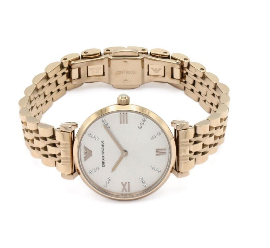 Front view of Emporio Armani AR11059 Gianni T-Bar women’s watch with gold dial and rose gold blush strap