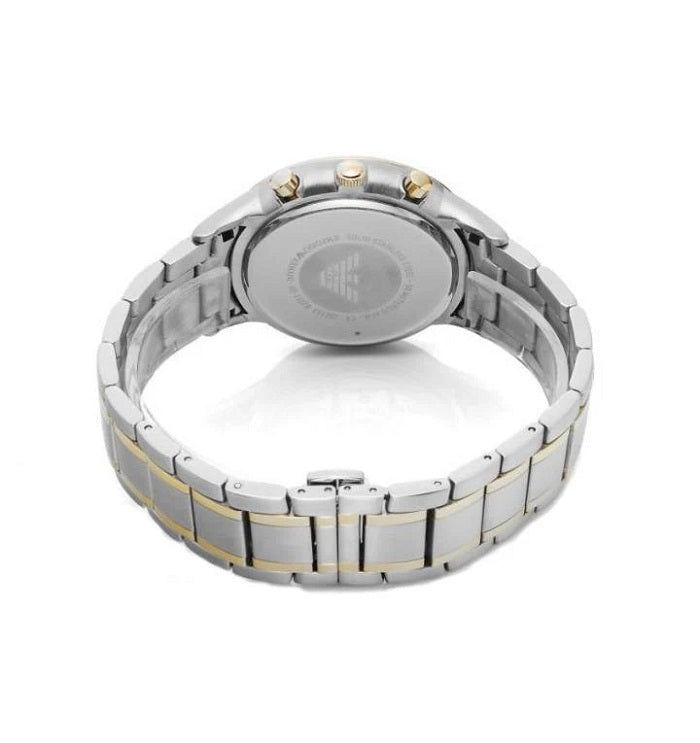 Front view of Emporio Armani AR11076 Renato men’s watch with silver dial and two-tone silver and yellow gold strap