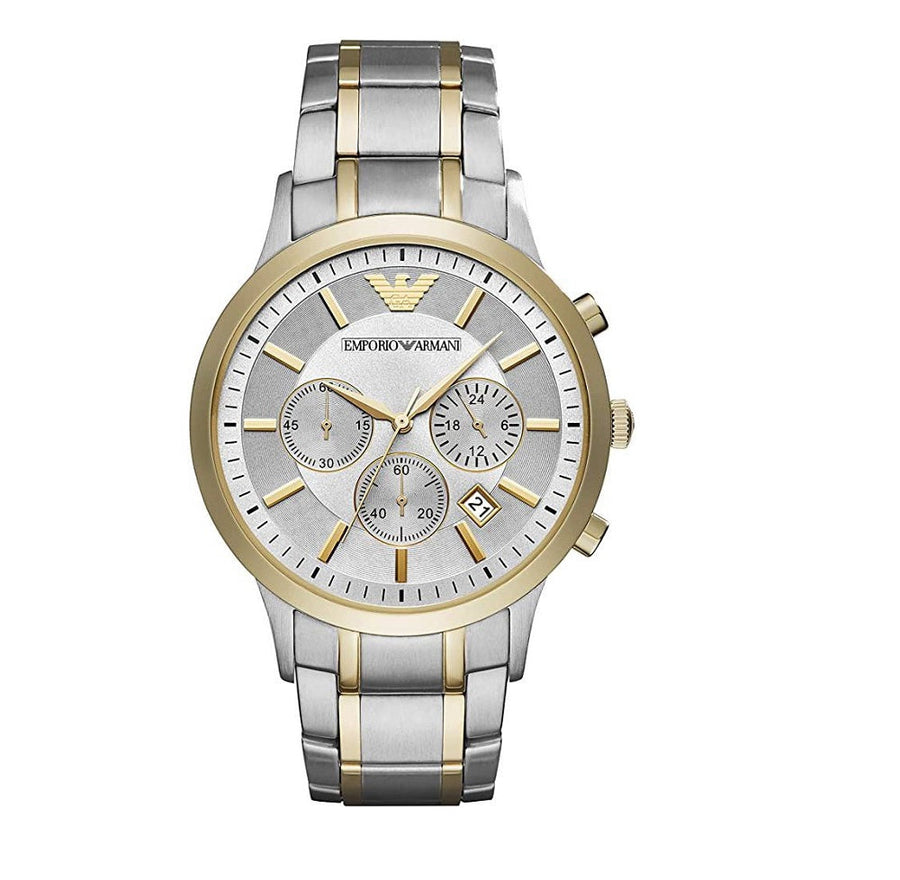 Front view of Emporio Armani AR11076 Renato men’s watch with silver dial and two-tone silver and yellow gold strap