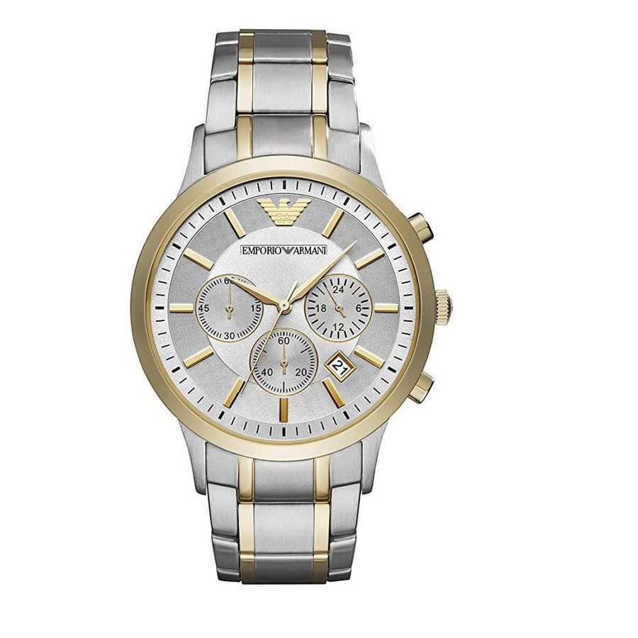 Front view of Emporio Armani AR11076 Renato men’s watch with silver dial and two-tone silver and yellow gold strap