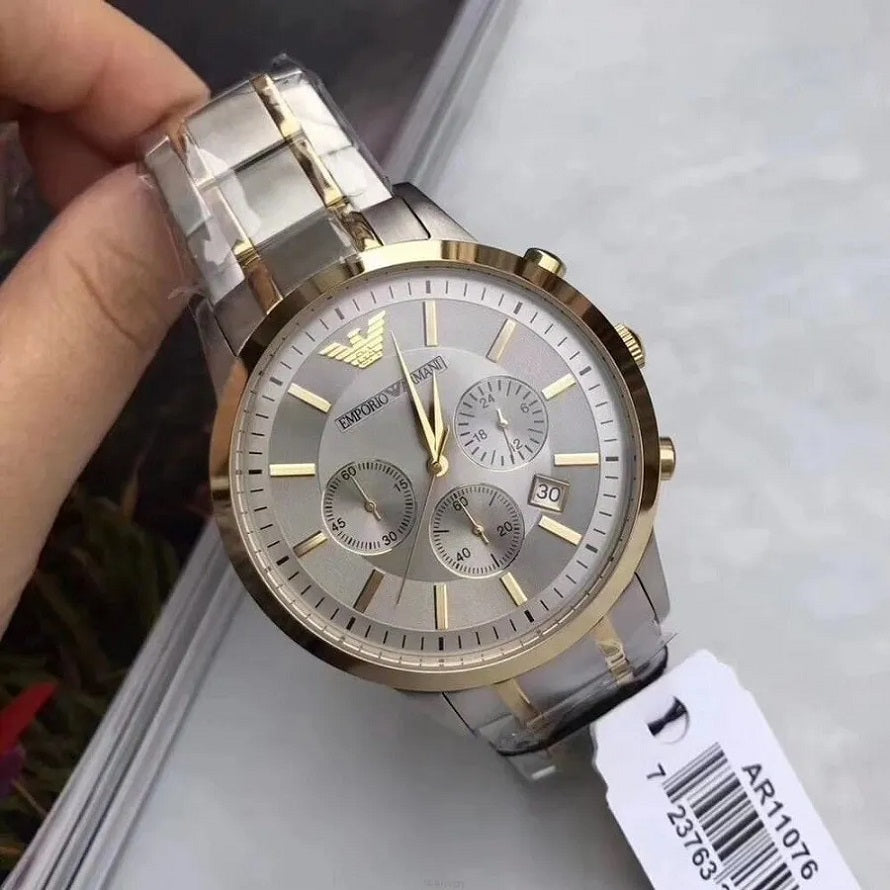 Front view of Emporio Armani AR11076 Renato men’s watch with silver dial and two-tone silver and yellow gold strap