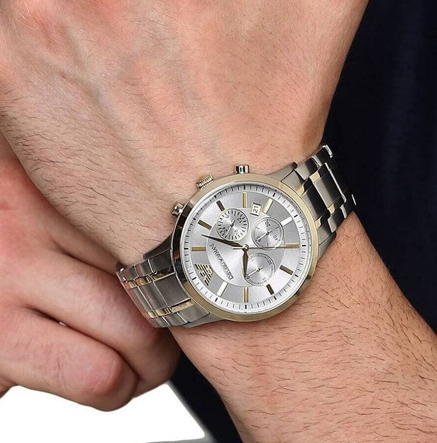 Front view of Emporio Armani AR11076 Renato men’s watch with silver dial and two-tone silver and yellow gold strap