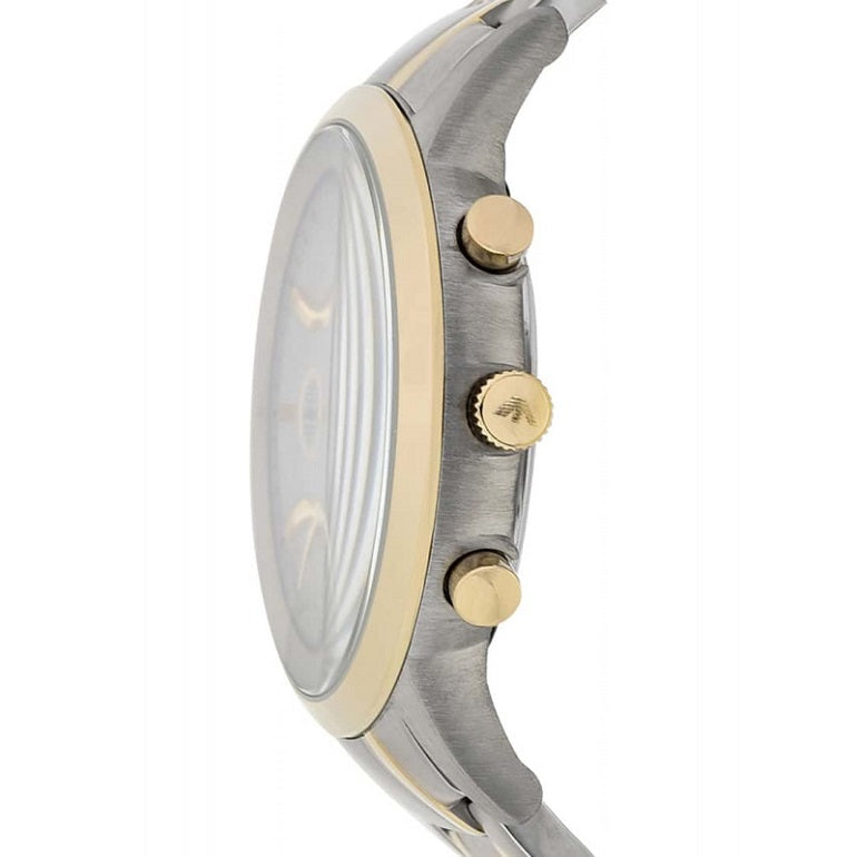 Front view of Emporio Armani AR11076 Renato men’s watch with silver dial and two-tone silver and yellow gold strap