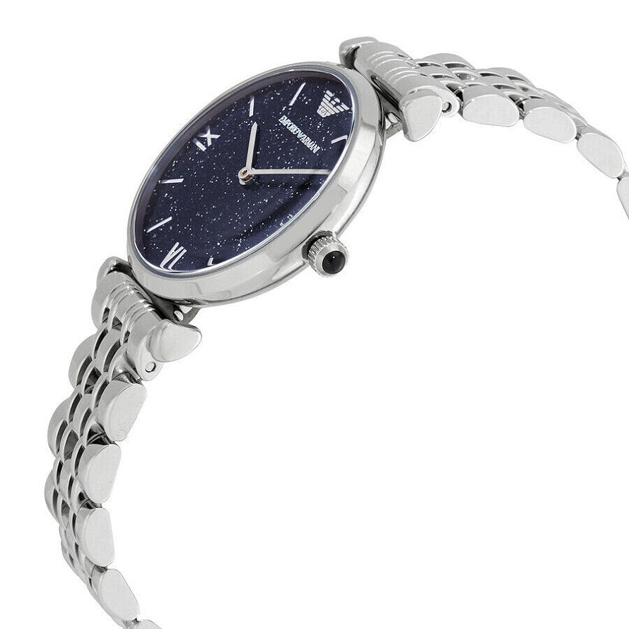 Front view of Emporio Armani AR11091 Gianni T-Bar women’s watch with blue dial and stainless steel strap
