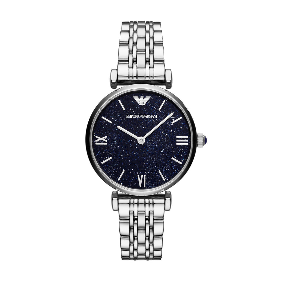 Front view of Emporio Armani AR11091 Gianni T-Bar women’s watch with blue dial and stainless steel strap