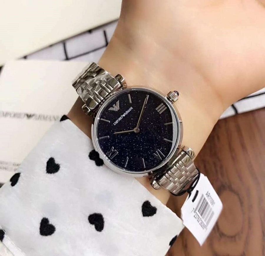 Front view of Emporio Armani AR11091 Gianni T-Bar women’s watch with blue dial and stainless steel strap