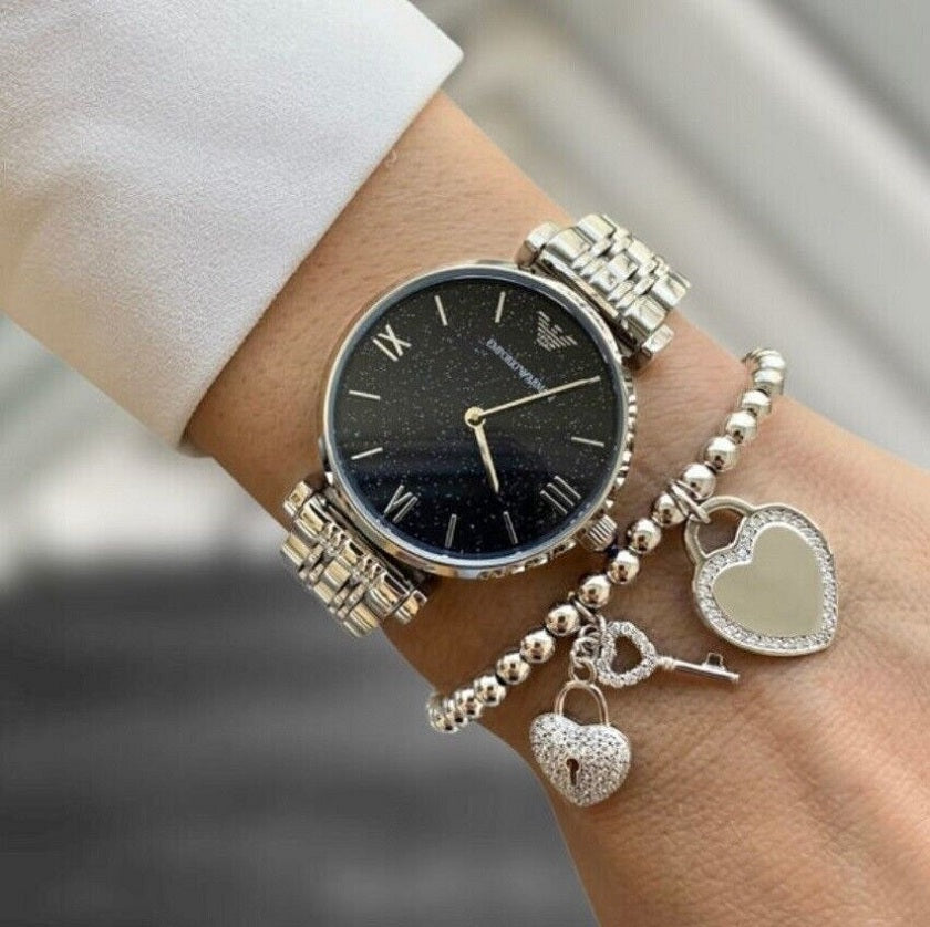 Front view of Emporio Armani AR11091 Gianni T-Bar women’s watch with blue dial and stainless steel strap