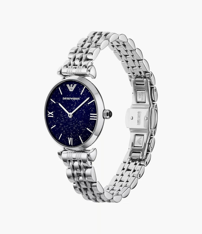 Front view of Emporio Armani AR11091 Gianni T-Bar women’s watch with blue dial and stainless steel strap