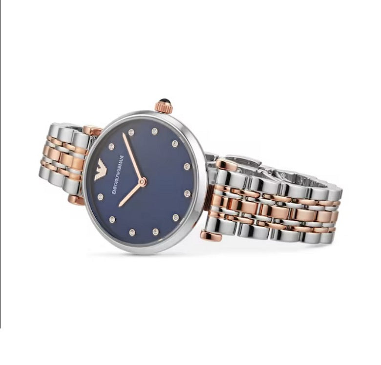 Front view of Emporio Armani AR11092 Gianni T-Bar women’s watch with blue dial and two-tone strap