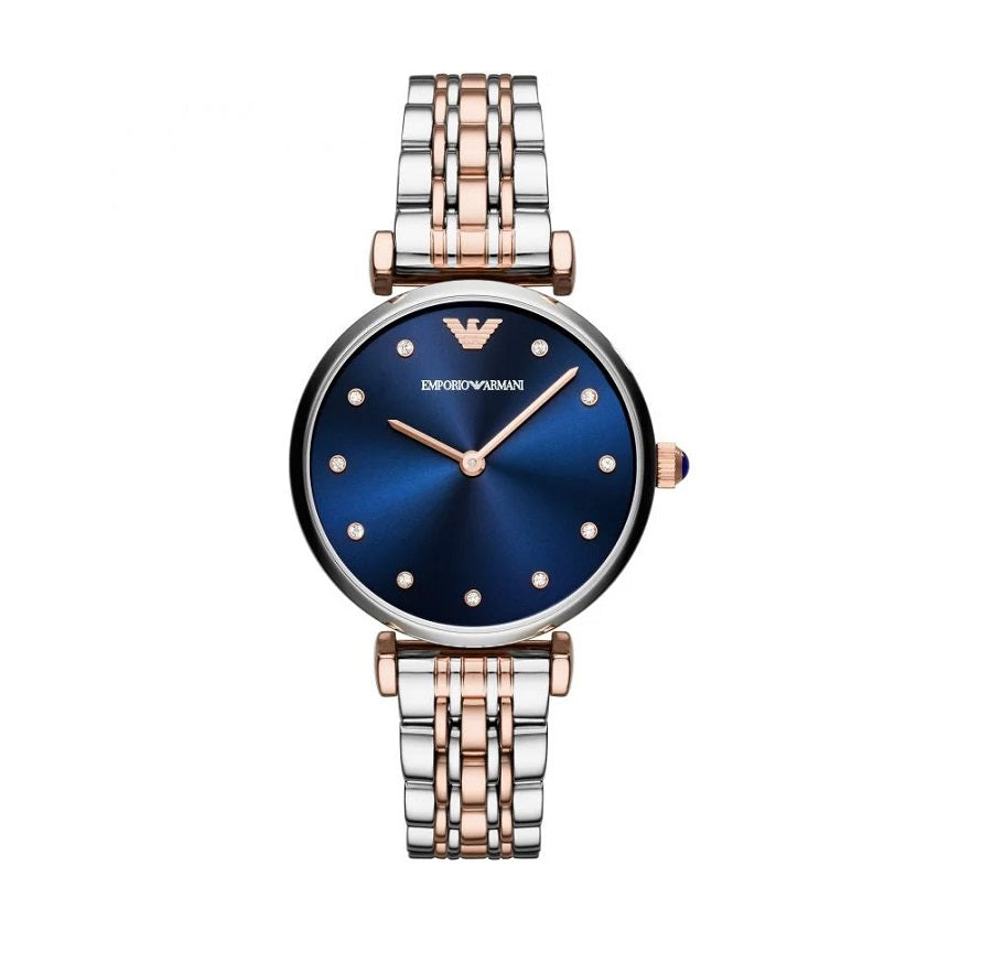 Front view of Emporio Armani AR11092 Gianni T-Bar women’s watch with blue dial and two-tone strap