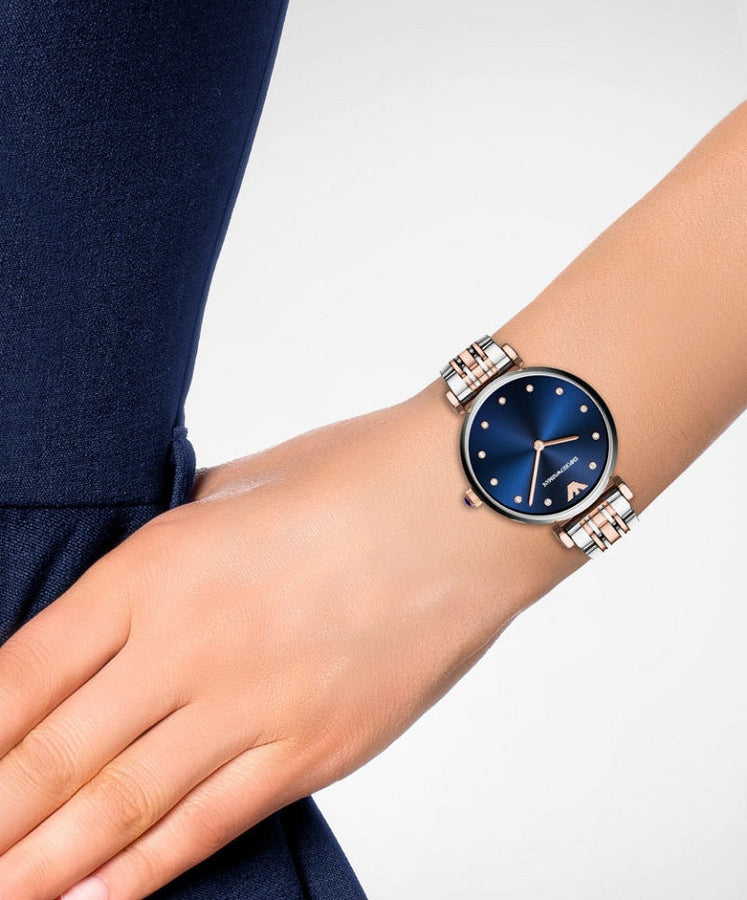 Front view of Emporio Armani AR11092 Gianni T-Bar women’s watch with blue dial and two-tone strap