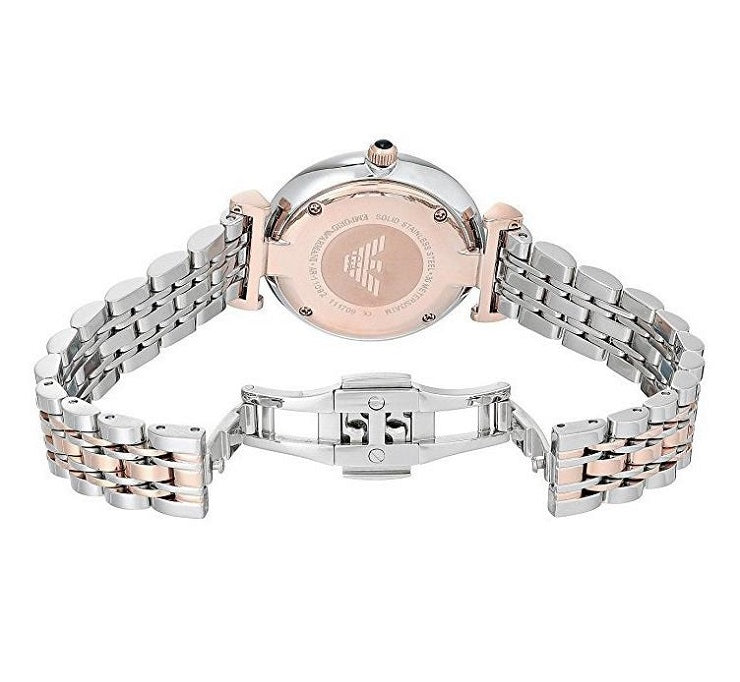 Front view of Emporio Armani AR11092 Gianni T-Bar women’s watch with blue dial and two-tone strap