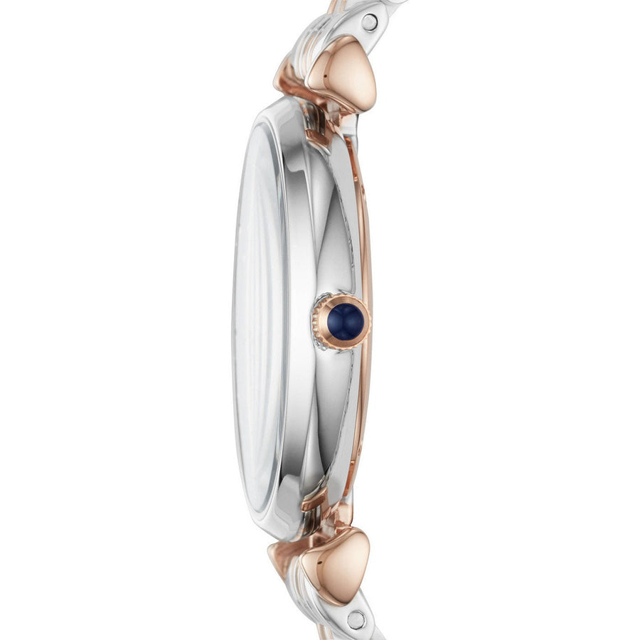 Front view of Emporio Armani AR11092 Gianni T-Bar women’s watch with blue dial and two-tone strap
