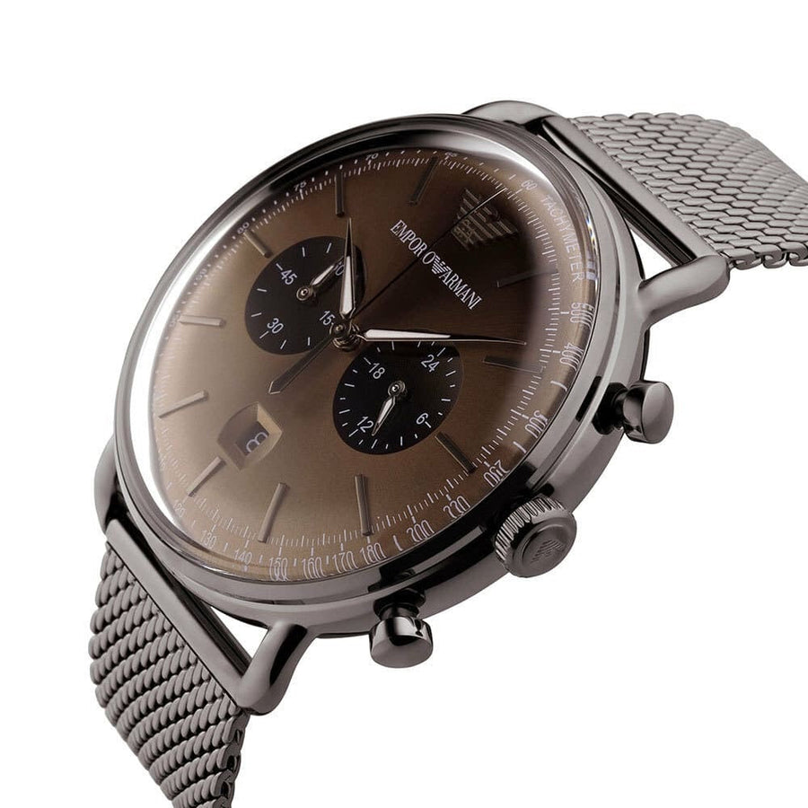 Front view of Emporio Armani AR11141 men’s watch with brown dial and grey mesh strap