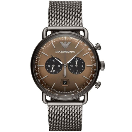 Front view of Emporio Armani AR11141 men’s watch with brown dial and grey mesh strap