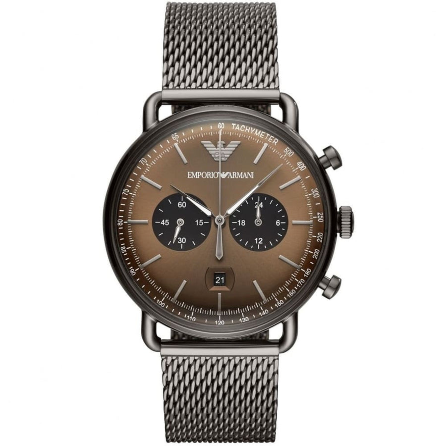 Front view of Emporio Armani AR11141 men’s watch with brown dial and grey mesh strap