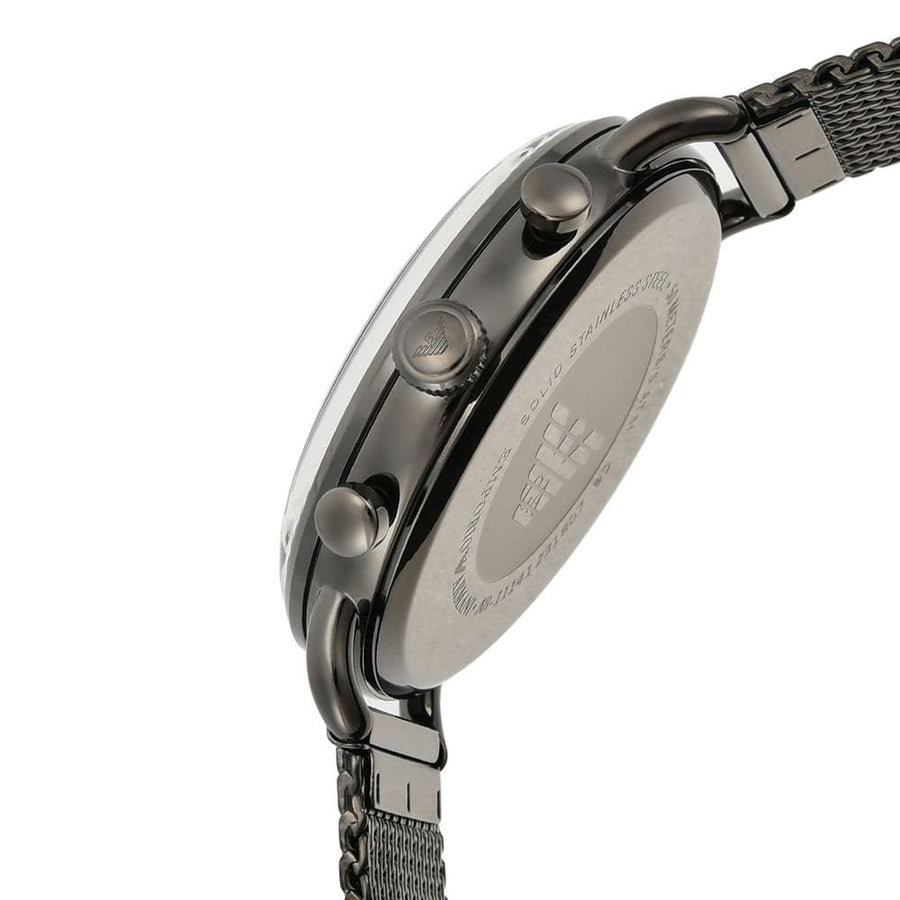 Front view of Emporio Armani AR11141 men’s watch with brown dial and grey mesh strap