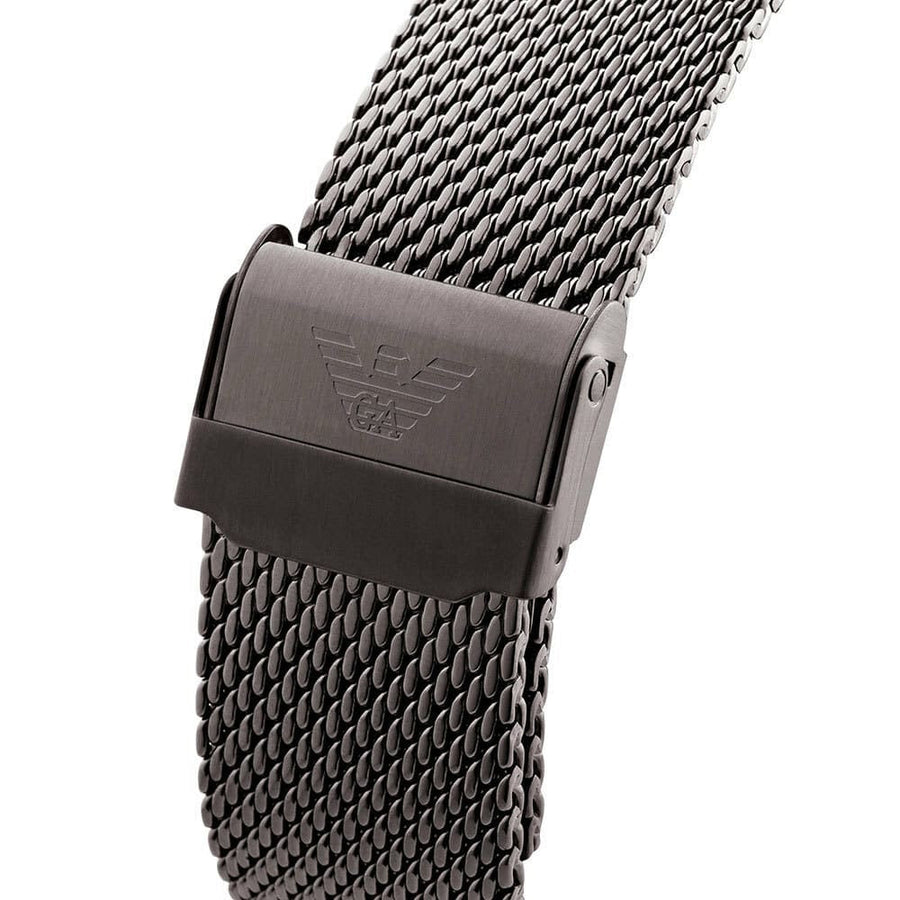 Front view of Emporio Armani AR11141 men’s watch with brown dial and grey mesh strap