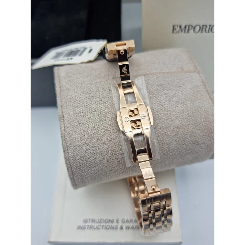 Front view of Emporio Armani AR11145 Gianni T-Bar women’s watch with black dial and rose gold strap