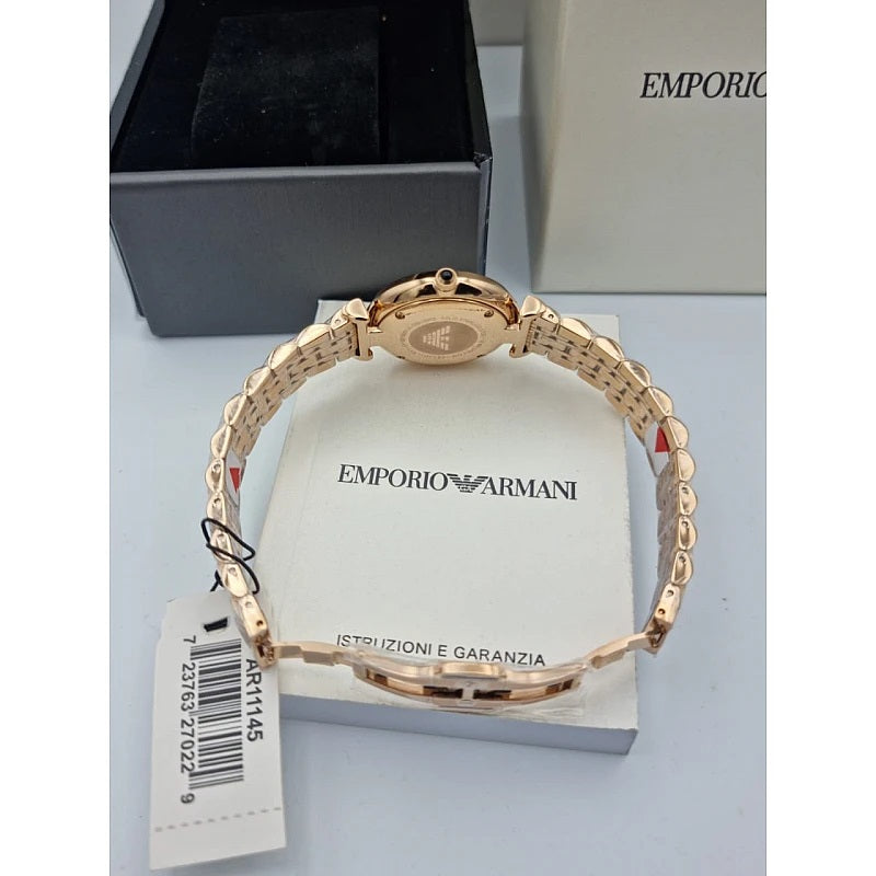 Front view of Emporio Armani AR11145 Gianni T-Bar women’s watch with black dial and rose gold strap