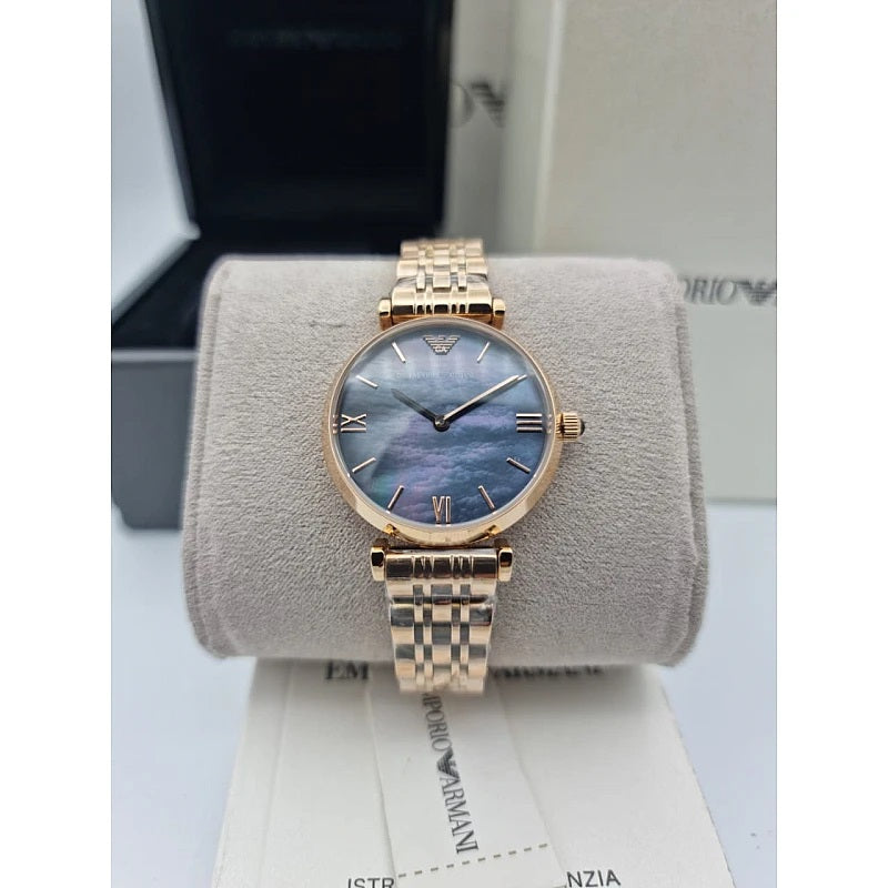Front view of Emporio Armani AR11145 Gianni T-Bar women’s watch with black dial and rose gold strap