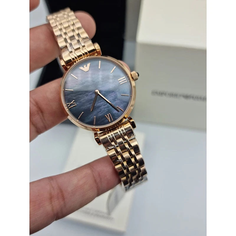 Front view of Emporio Armani AR11145 Gianni T-Bar women’s watch with black dial and rose gold strap