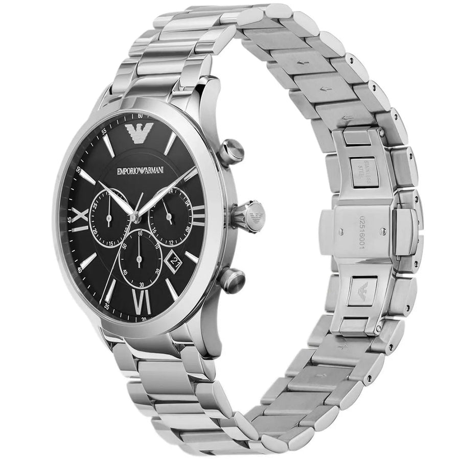 Front view of Emporio Armani AR11208 Giovanni men’s watch with sleek black dial and silver bracelet