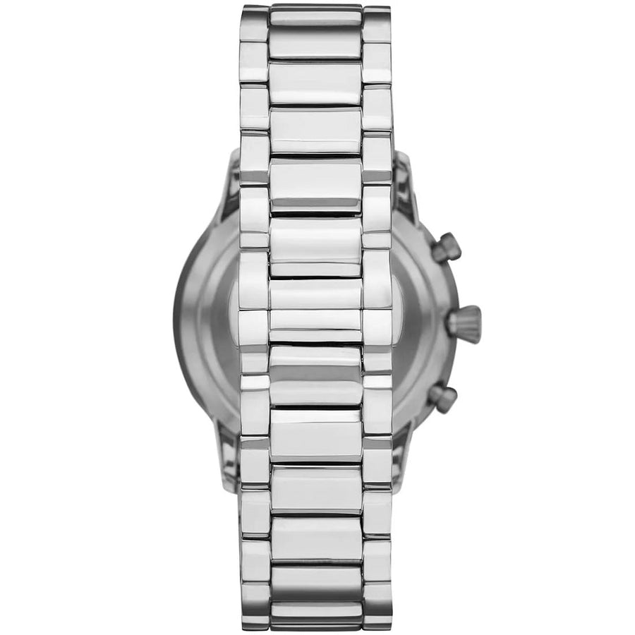 Front view of Emporio Armani AR11208 Giovanni men’s watch with sleek black dial and silver bracelet