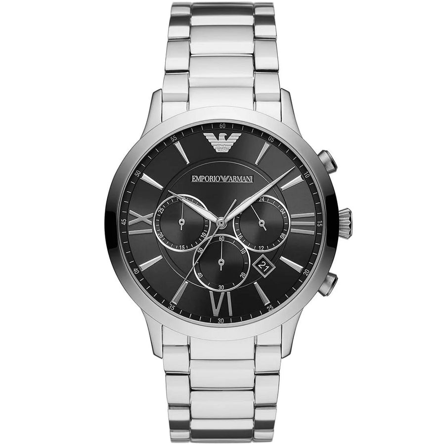Front view of Emporio Armani AR11208 Giovanni men’s watch with sleek black dial and silver bracelet