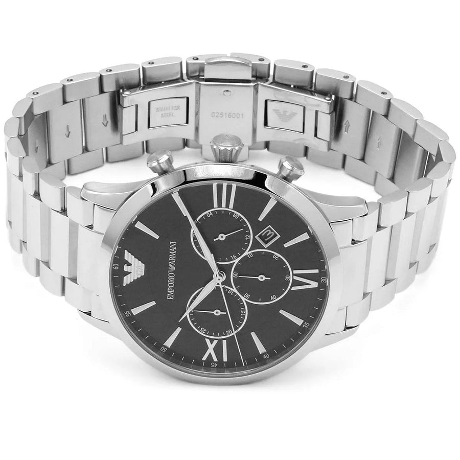 Front view of Emporio Armani AR11208 Giovanni men’s watch with sleek black dial and silver bracelet