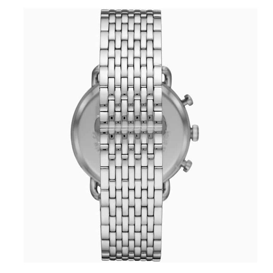 Front view of Emporio Armani AR11238 men’s watch with deep blue dial and silver strap