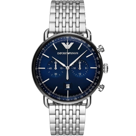 Front view of Emporio Armani AR11238 men’s watch with deep blue dial and silver strap
