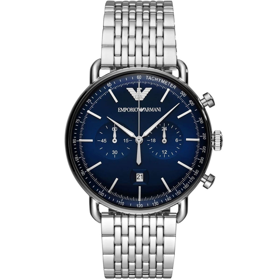 Front view of Emporio Armani AR11238 men’s watch with deep blue dial and silver strap