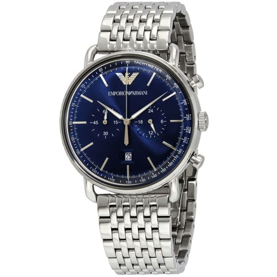 Front view of Emporio Armani AR11238 men’s watch with deep blue dial and silver strap
